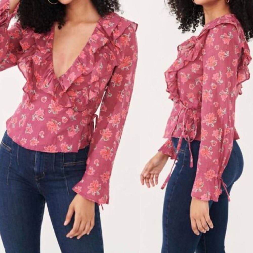 Free People Floral V-neck Long Sleeve Wrap Top